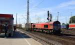 Die Class 66 DE6302  Federica  von Crossrail fährt viel Dieselpower fährt mit einem sehr langen P&O Ferrymasters Containerzug und wartet auf die Abfahrt nach Zeebrugge(B). Aufgenommen vom Bahnsteig in Aachen-West bei Sommerwetter am 6.6.2014.