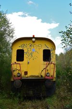 Zwischen großen Bäumen und Büschen rostet auch diese Bauzug Lok vor sich hin.