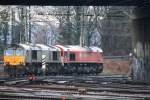 Zwei Class 66 DE6306 von DLC Railways und die DE6302  Federica  von Crossrail stehen auf dem Abstellgleis in Aachen-West am Nachmittag vom 11.1.2014.