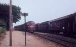 DSB-Kleinstadtbahnhöfe: Zwei Personenzüge treffen sich am 5. September 1976 im Bahnhof Snedsted. - Die Mx 1028 fährt mit drei Personenwagen in Richtung Struer, während der Personenzug rechts, der aus zwei Triebwagen des Typs Mo und drei Personenwagen besteht, Thisted als seinen Zielbahnhof hat.