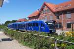 Ein Siemens Desiro der Nordjyske Jernbaner (NJ) steht am 24.06.2007 im Bahnhof Hjrring zur Abfahrt nach Hirtshals bereit.