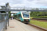 Arriva: Der REX von Århus nach Herning (LINT 41 AR 1027) hält im Bahnhof Hørning auf der Bahnstrecke Århus - Skanderborg. Datum: 10. Juli 2020.