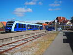 VT 602 aka Alstom Lint 41 der  Nordjüske Jernbaner, abfahrbereit im Bahnhof Skagen in Richtung Frederikshavn.
