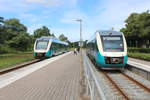 Arriva: In Rødkærsbro treffen sich am 9. Juli 2020 der Zug nach Viborg (der LINT 41 AR 2046, links) und der Zug nach Århus (der LINT AR 2045).