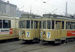 København / Kopenhagen Københavns Sporveje: Im Straßenbahnbetriebsbahnhof Nørrebro standen am 30. März (Palmsonntag) 1969 u.a. die Drehgestelltriebwagen 615 und 569. - Scan eines Farbnegativs. Film: Kodak Kodacolor X.