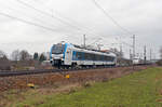 Der Flirt Akku von Stadler rollte am 21.02.23 durch Gräfenhainichen Richtung Bitterfeld und begegnete dabei dem ICE 935 nach Berlin. 