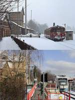 Der Bahnhof Mettmann hat sich gegenüber früheren Zeiten erheblich verändert. Das wird bei einem Vergleich der oberen Aufnahme, auf der ein unbekannter 515 an einem Wintertag Mitte der 1980er Jahre den Bahnhof in Richtung Düsseldorf verlässt, mit dem unteren Bild, das den Regiobahn-VT 104 am 11.02.2021 bei der Ausfahrt zeigt, deutlich. Auf der von der DB vernachlässigten Strecke verkehren heute die Züge der S 28 im Taktverkehr und der Bahnhof ist zu einem modernen Umsteigeknotenpunkt zu den Bussen ins Umland ausgebaut worden. Das Bahnhofsgebäude ist heute in Privatbesitz und auf den früheren Güteranlagen befindet sich die Werkstatt der Regiobahn. 