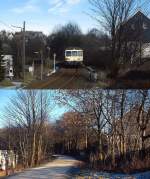 Einst und Jetzt in Wuppertal-Cronenfeld: Auf dem oberen Bild erreicht 515 604-7 Mitte Februar 1988 nach der Bergfahrt durch den Wuppertaler Stadtwald die Hochfläche von Cronenfeld, Ende Dezember