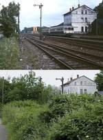 Stark verändert hat sich der Blick von der annähernd gleichen Position auf den Bahnhof Wegberg: Während Ende der 1980er Jahre noch ein freier Blick auf den Gleisanlagen samt