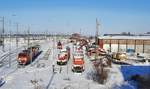 Abgestellte Loks am 12.02.2021 bei DB Cargo an der Berliner Brücke in Halle (S).