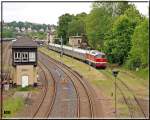 Blick von der bekannten Straßenbrücke auf die Gleisanlagen des Bahnhof Nossen.