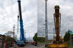 Rckbau des letzten Brckensegments der alten Anklamer Eisenbahnbrcke. Zum Einsatz kam ein Schienenkran der Hering - Bau & Co KG und danach bernahm ein Teleskopautokran der Fa. Lange. - 30.05.2012
