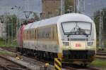 Gleismesszug der DB Netz Instandhaltung mit Steuerwagen+ RAILab 1 und 120 502 abgestellt im Rostocker Hbf.30.08.2011