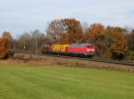 Die 218 139 und die 212 093 mit dem Schienenputzzug am 10.11.2012 unterwegs bei Hilperting.