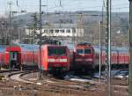 Am Bw des Aachener Hbf´s stehen 146 016-1 und 111 118-6 jeweils mit einem Wagenpark abgestellt.