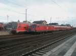 Hier ganz links ein RE3 nach Schwedt/Oder Hbf, in der Mitte ein RE3 nach Wnsdorf-Waldstadt und rechts MEG Lok 803, diese Zge trafen sich am 5.11.2009 in Angermnde.