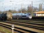 Auf der Bahnstrecke, Nummer 6100, zwischen Ludwigslust (MV) und Breddin (Brandenburg) wird bis Freitag ein nagelneuer, silber-blauer TGV vom Typ „Euro Duplex  (93 87 3147 028-3 F-SNCF) getestet.