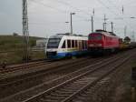 Am 27.April 2009 begegneteten sich an der Ausfahrt in Bergen/Rgen OLA-Triebwagen 701 und die 233 206 mit einem Gleisbauzug.