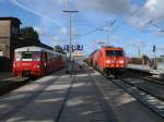 Am Morgen,vom 20.August 2011,traf in Bergen/Rgen die Neustrelitzer Ferkeltaxe 172 001/601 auf die durchfahrende 185 250.