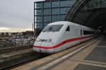 Hier 808 040-0  Bochum  als ICE2845 von Hamm(Westf) nach Berlin Ostbahnhof, bei der Ausfahrt am 13.12.2014 aus Berlin Hbf.