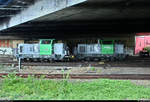 Grau in Grün:  Vossloh G 6 (98 80 0650 301-1 D-DB) von DB Regio Nordost und Vossloh G 6 (98 80 0650 303-7 D-VL) der Vossloh Locomotives GmbH, vermietet an DB Regio Nordost, begegnen sich unter