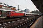 Hier 101 023-0 mit IC144 von Berlin Ostbahnhof nach Amsterdam Centraal, bei der Ausfahrt am 3.2.2014 aus Berlin Ostbahnhof.