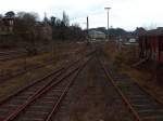 Gleisanlage im Gterbahnhof Coburg, nchstes Jahr wird es 150 Jahre das die Werrabahn von Eisenach nach Coburg fuhr, fr den Gterverkehr ist schon Schlu, jetzt wurden Teile der Stromfhrung und