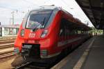 Hier 442 150-9 als RE18 (RE18411) von Cottbus nach Dresden Hbf., dieser Triebzug stand am 25.7.2015 in Cottbus.