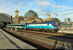 193 296-1  Maxi  (Siemens Vectron) der ELL Austria GmbH, vermietet an die České dráhy (ČD), als EC 173 (Linie 27) von Hamburg-Altona nach Budapest-Nyugati pu. (HU) verlässt Dresden Hbf abweichend auf Gleis 3.
[8.12.2018 | 11:13 Uhr]