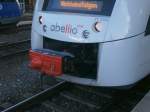 Die Kupplung und Scheinwerfer des Abellio Rail VT12008 im Düsseldorf HBF.