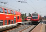 Hochbetrieb in Elsterwerda am 12.08.2015 (v.l.n.r.): Steuerwagen des RE 18312 (Elsterwerda–Stralsund Hbf), 442 151 als RB 28961 (Elsterwerda-Biehla–Dresden Hbf), Steuerwagen der RB 17163