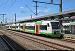 650 501-9  Wartburgstadt Eisenach – Reformationsstadt Europas  und 650 512-6 der Süd-Thüringen-Bahn GmbH (STB) sowie 650 411-1 der Erfurter Bahn GmbH (EB) (Stadler Regio-Shuttle RS 1)