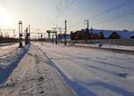 Das westliche und fas komplett schneebedeckte Gleisvorfeld, am 09.02.2021 in Erfurt Hbf.