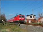 Ein Zug der Linie RE18 Falkenberg/Elster - Cottbus an der Ausfahrt Falkenberg.