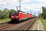 Containerzug mit 189 058-1 (Siemens ES64F4) DB durchfährt den Bahnhof Güterglück auf der Bahnstrecke Biederitz–Trebnitz (KBS 254) Richtung Biederitz.