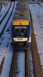 VT 802 des Harz Elbe Express verlsst Halberstadt in Richtung Magdeburg Hbf am 20.02.2010.