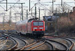 143 076 von DB Regio Mitte, im Dienste der S-Bahn Mitteldeutschland (DB Regio Südost), als S 37737 (S7) von Halle-Nietleben erreicht ihren Endbahnhof Halle(Saale)Hbf Gl.