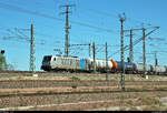 Kesselzug mit 187 313-2 Railpool, vermietet an die HSL Logistik GmbH (HSL), fährt in Halle (Saale), Karl-von-Thielen-Straße (Gebiet der DR), auf der Ostumfahrung für den