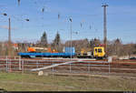 VDE 8 Komplexmaßnahme Halle Rosengarten–Angersdorf  ▶ Standort: Bahnhof Halle-Nietleben    Gleisarbeitsfahrzeug GAF 100 R/H (99 80 9436 001-8 D-HCLOG) ist mit einem Flachwagen der