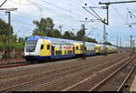 DABpbzkfa mit Schublok 146 505-3 (ME 146-05)  Rotenburg (Wümme)  der Landesnahverkehrsgesellschaft Niedersachsen mbH (LNVG), vermietet an die metronom Eisenbahngesellschaft mbH, als RB 81926 (RB41) von Bremen Hbf nach Hamburg Hbf erreicht den Bahnhof Hamburg-Harburg auf Gleis 2.
[5.8.2019 | 16:17 Uhr]