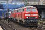 Hier 218 344-0 und 218 366-3 mit IC2170 von Hannover Hbf. nach Westerland(Sylt), bei der Ausfahrt am 4.10.2013 aus Hamburg Hbf.