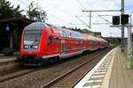 DABpbzfa mit BR 146.0 der Elbe-Saale-Bahn (DB Regio Südost) als RB 16422 (RB40) von Burg(Magdeburg) nach Braunschweig Hbf verlässt den Bahnhof Helmstedt.