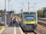 Der Agilis-RegioShuttle 650 727 hielt am 17.7.14 in Hirschaid als RB nach Ebern am neuen Seitenbahnsteig von Gleis 3.