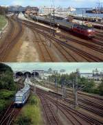 Der Kieler Hauptbahnhof am 27.04.1985 und 27.05.2011: Oben fährt eine 218 mit einem Eilzug aus, auf dem unteren Bild verläßt ein Zug der Nord-Ostsee Bahn den Bahnhof.