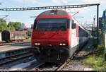 Bt mit Schublok Re 460 030-0  Säntis  als IR 2127 (IR 75) von Zürich HB (CH) erreicht seinen Endbahnhof Konstanz auf Gleis 1.
[12.7.2018 | 18:00 Uhr]