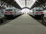 Hier warten gleich zwei 146er mit ihren IC`s auf die Abfahrt.Leipzig(Hbf.)04.09.2016.