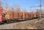 Blick auf einen vierachsigen, mit Holz beladenen Flachwagen der Gattung  Spns  (4723 420-8 D-DB) der DB.