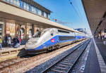 310 045-4 fährt als TGV 9552 (Frankfurt (Main) Hbf - Saarbrücken Hbf - Paris Est) in Mannheim Hbf ein.