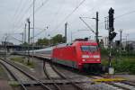 101 075-0 fhrt mit einem langen IC in den Mannheimer Hbf, um dann weiter nach Stuttgart zu fahren.