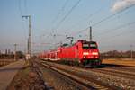 Einfahrt am Nachmittag des 28.02.2019 von der Freiburger 146 203 mit ihrer RB (Offenburg - Basel Bad Bf) aus Richtung Buggingen in den Bahnhof von Müllheim (Baden).